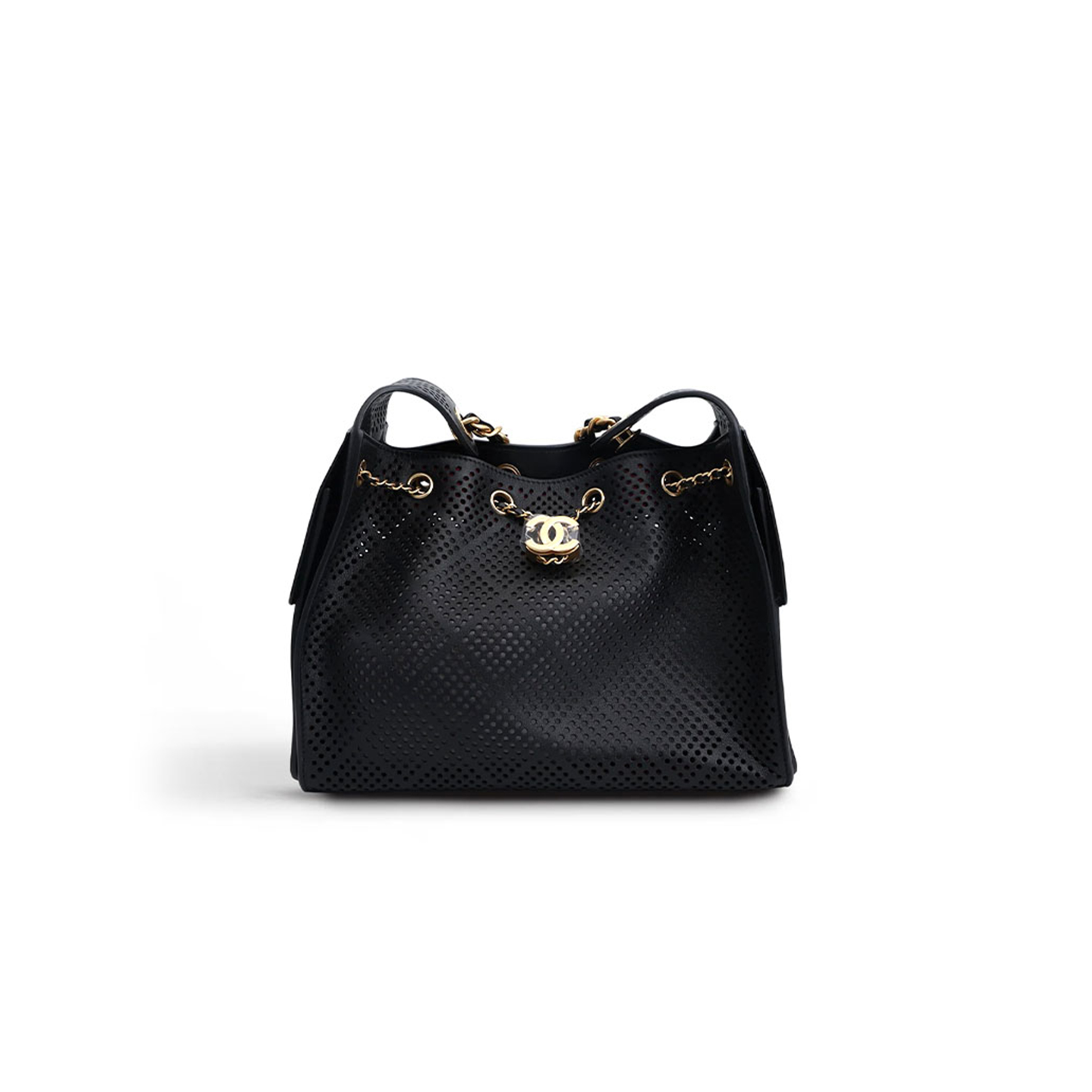 CHANEL MASTER SMALL 25 HOBO BAG BLACK PERFORATED CALFSKIN ANTIQUE GOLD HARDWARE (30*26*14cm) 